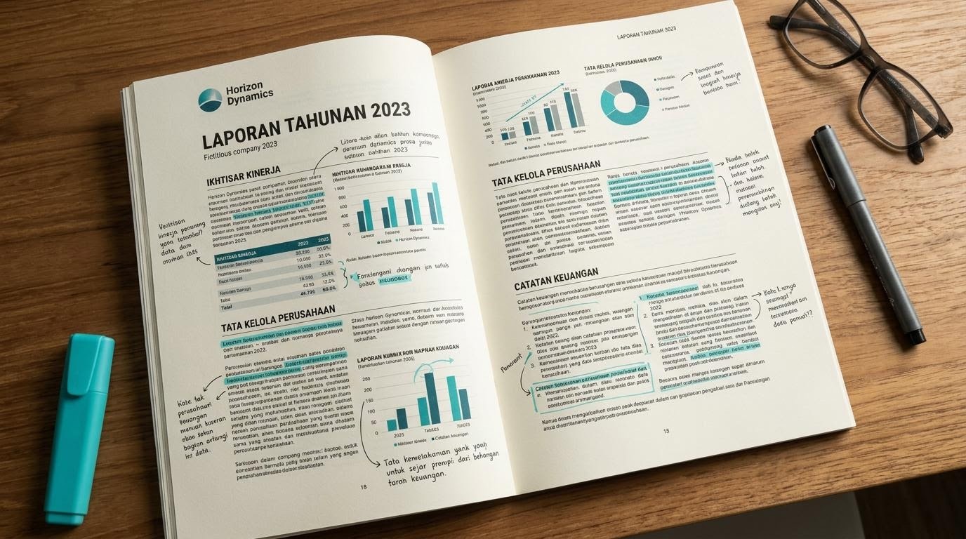 Laporan tahunan perusahaan dibuka dengan stabilo dan catatan tepi