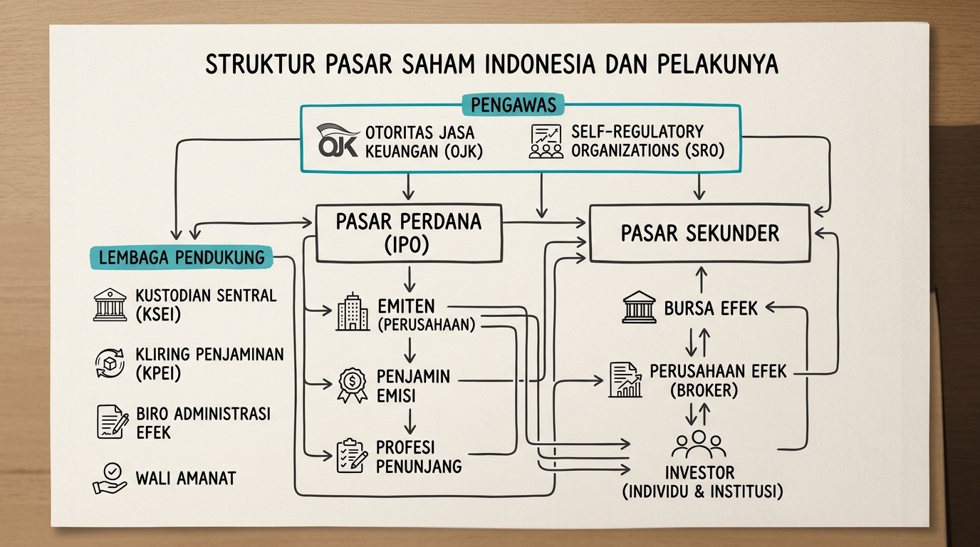 Diagram struktur pasar saham digambar pada papan tulis kecil